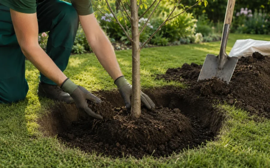 Baum einsetzen und Erde auffu00fcllen
